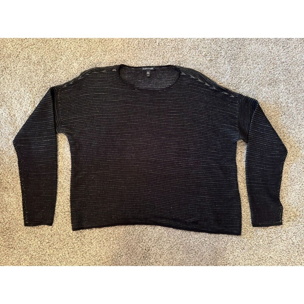 Eileen Fisher Sweater Silk Blend Large Black w Minimal White Stripes Long Sleeve